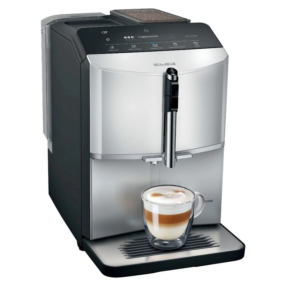 SIEMENS Kaffeevollautomat EQ300 TF303E01, viele Kaffeespezialitäten, OneTouch-Funktion, benutzerfreundliches Display, Keramikmahlwerk, daylight silber