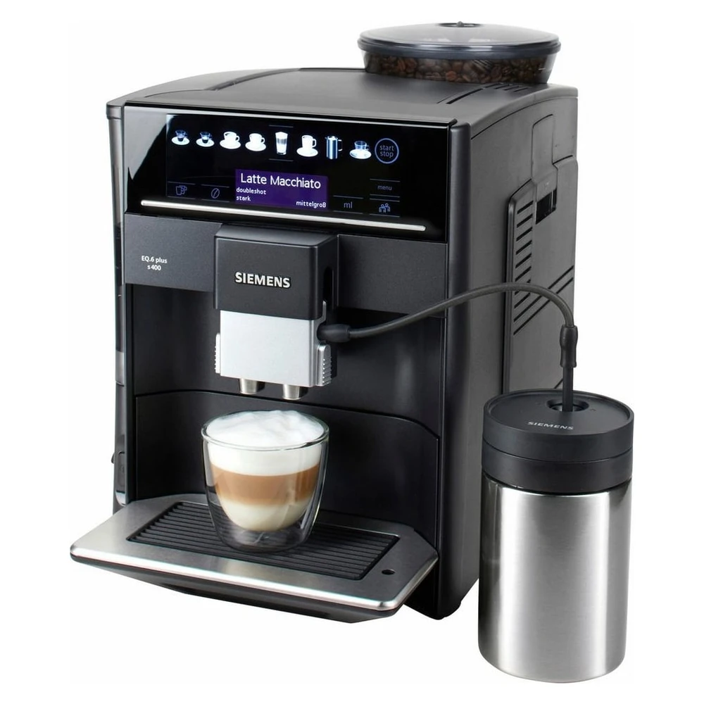SIEMENS Kaffeevollautomat EQ6 plus s400 TE654509DE, Doppeltassenfunktion, Keramikmahlwerk, viele Kaffeespezialitäten, automatische Dampfreinigung, saphirschwarz